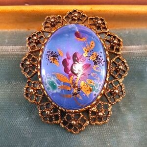 Vintage Painting Flower brooch pendant blue gold purple green hand painted